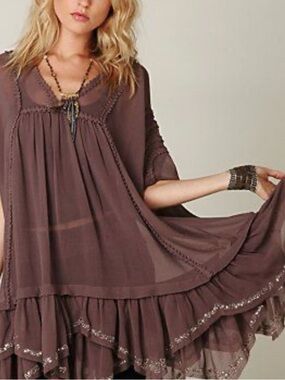 ❤️… Free People Brown Boho Sheer Ruffle Tunic Top - oversize